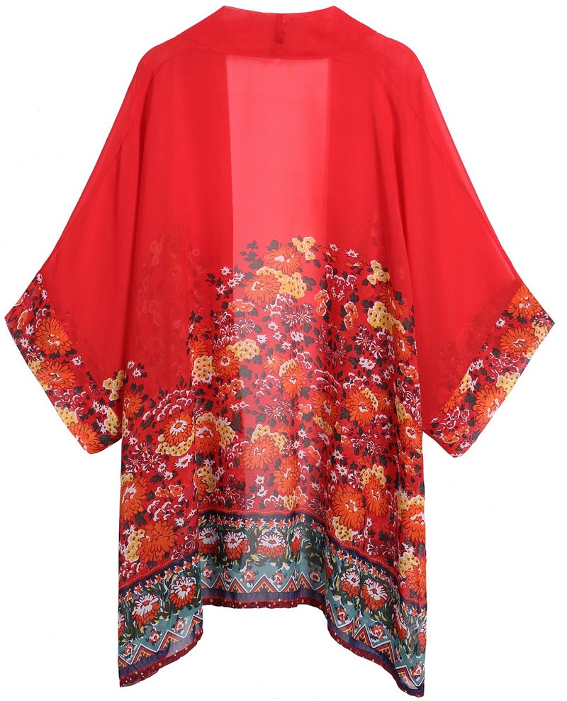 olrain Women's Floral Print Sheer Chiffon 3/4 Bat Sleeve Casual Loose Kimono Cardigan Capes (X-Large, Red) - Image 4